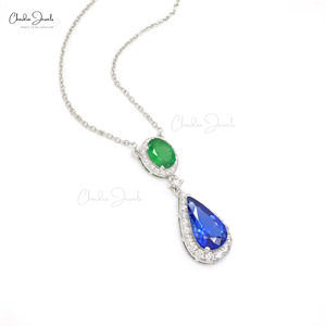Listo para enviar: Colgante de doble halo con tanzanita y esmeralda natural de corte pera de 14x8 mm, con oro blanco fino de 14k, ideal para bodas. - Product Image 3