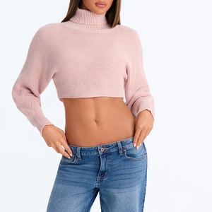 Nuevo suéter corto de punto acanalado personalizado para mujer, color rosa, cuello alto, manga larga, informal, transpirable, estilo chunky, para otoño. - Product Image 1