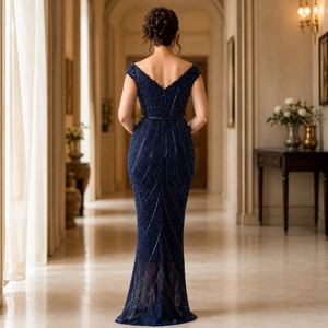 Luxury Navy Blue Beaded Mermaid Evening Gown for Women V Neck Sleeveless Formal Party Wedding Reception Prom Cocktail Maxi Dress - Product Image 4