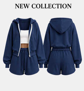 Ensemble décontracté 2 pièces pour femme : sweat à capuche et short, haut court à manches longues, survêtement en polaire écologique, tenue de détente avec logo - Product Image 5