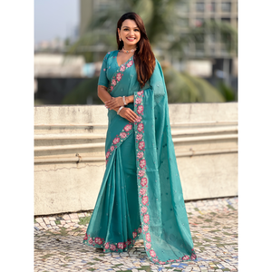 Sari Bordado Sky Pure Crush con Motivos Florales Multicolores y Borde Calado para Bodas - Product Image 1