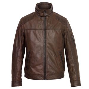 <b>Men's</b> Brown Solid Color Genuine <b>Leather</b> Moto <b>Jacket</b> Stand Collar Zipper Closure OEM Service <b>Leather</b> <b>Jacket</b> For Sale - Product Image 1