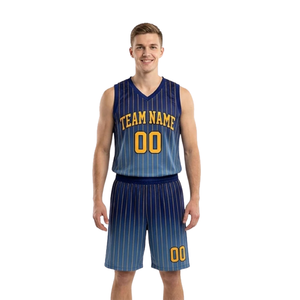 Conjunto de pantalones cortos de baloncesto para hombre, diseño degradado con rayas verticales, cuello en V, sin mangas, nombre del equipo personalizado, número, uniforme para adultos - Product Image 1