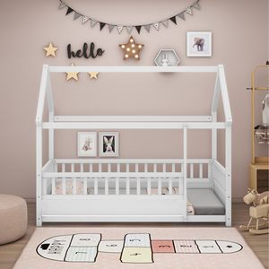Letto a castello singolo in legno bianco con tetto a casetta e sponde di sicurezza per bambini - Product Image 1