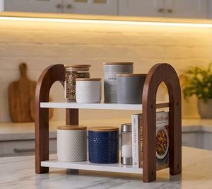 Étagère à épices double niveau en métal imitation bois, support de rangement pour condiments sur comptoir de cuisine - Product Image 1
