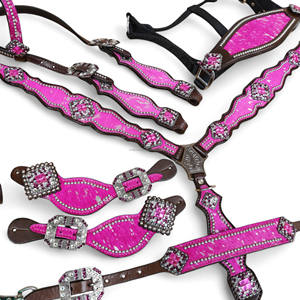 Conjunto de cuello de cabeza y pecho de cuero de vaca rosa: tachuela de caballo occidental - Product Image 6