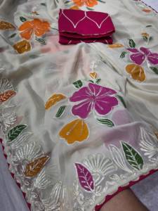 ผ้าซารีลายพิมพ์ Star Georgette พร้อมงานปัก Kacchi Gota แบบหนัก  ชุดเสื้อโมโนแบบไม่เย็บสำเร็จ สำหรับผู้หญิง สไตล์โมเดิร์น เหมาะสำหรับงานปาร์ตี้ งานแต่งงาน และชุดพื้นเมือง - Product Image 6