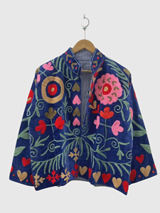 Hand Embroidered Floral Velvet Jacket Mandarin Collar Batwing Sleeve Plus Size Women'<b>s</b> Autumn Coat Prairie Chic Style - Product Image 1