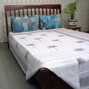 Hand Block Printed Cotton Twin Size Kantha <b>Quilt</b> Throw 150x220 cm Hand Embroidered Indian <b>Bedspread</b> Handmade Home Decor Supplier - Product Image 4