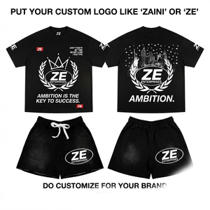 Premium ZAINI 220 GSM 100% Polyester Breathable Crew Neck T Shirt Short <b>Set</b> Black Custom Embossed Hand Embroidery Private Label - Product Image 1