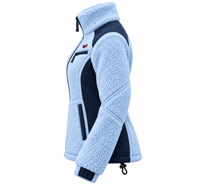 Chaqueta de lana sherpa premium personalizada para mujer, color azul claro, con bloques de color, cuello alto, cierre de cremallera, a prueba de viento, para invierno, con bolsillos, OEM - Product Image 4