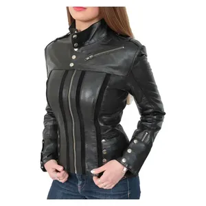 Women's Genuine Sheep Skin V-neck Full Sleeve <b>Zipper</b> Closure Waterproof Winter Moto Jacket Biker Coat Solid Black - Product Image 1