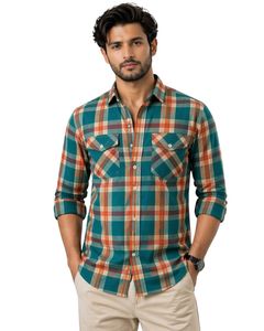 Camisa casual a cuadros azul verdoso y naranja personalizada para hombre, corte ajustado, manga larga, con botones, de algodón, elegante, de calidad premium. - Product Image 1