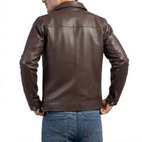 Veste Homme en Cuir Véritable Marron et Toile Coupe-Vent Style Moto Biker Col Rabattu Fermeture Éclair Devant