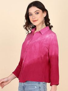 Chemise décontractée pour femme Maaesa en coton, faite à la main, tie-dye, col ouvert, manches longues, coupe classique - Product Image 5
