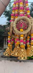 Pink Lotus MDF Wall Hanging with Golden Ring, Pom Pom & Bell Tassel Garland for Diwali, Wedding, Navratri Ganesh Chaturthi Decor - Product Image 2
