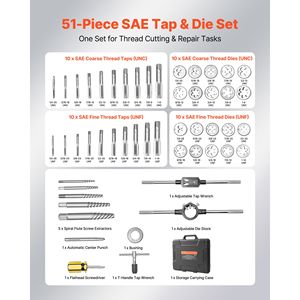Juego de Machos y Terrajas SAE de 51 Piezas, de 1/4 a 1 Pulgada, Machos de Rosca Fina y Gruesa, Terrajas, Llave con Estuche de Transporte, Juego Completo para Autos - Product Image 2