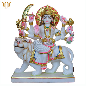 White Marble Durga Maa Statue on Lion | Elegant Durga Mata Murti with Golden Crown by MALIYAS Jaipur India - Product Image 2