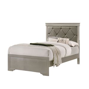 Letto Moderno Matrimoniale con Testiera in Legno Rivestita in PU Effetto Coccodrillo, 1 Pezzo, Finitura Beige Champagne, Letto Giovanile con Dettagli in Cristallo - Product Image 1