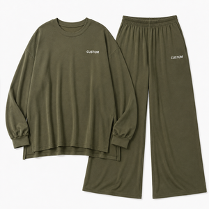 Ensemble survêtement femme oversize col rond avec pantalon large, personnalisable, couleur olive, style décontracté, athleisure, loungewear, streetwear - Product Image 3