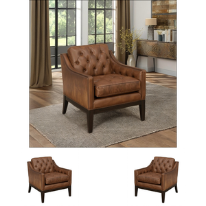 Fauteuil classique en cuir véritable avec dossier capitonné, pieds en bois massif, fauteuil d'appoint de luxe pour salon, hôtel - Product Image 4