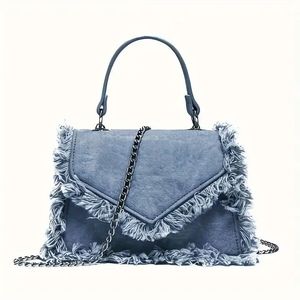 Borsa a Tracolla in Denim con Manico Superiore e Bordi Grezzi per Donna - Product Image 1