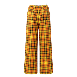 Pantalon de détente large jaune et noir à carreaux pour femme, avec taille élastique blanche, cordon de serrage et poches latérales, idéal pour la tenue décontractée ou comme bas de pyjama. - Product Image 2