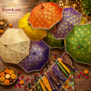 Indian Wedding Decorative Circle <b>Umbrella</b> Silk Fabric Traditional Vintage Decor Golden Print Haldi Sangeet Mehndi Party 24 Inch - Product Image 1