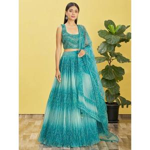 ผ้าออแกนซ่าผ้าโปร่งปักลายสีฟ้าสวยงามสำหรับต้อนรับ lehenga choli - Product Image 1