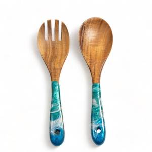 Contemporary Resin Handle Salad Serving <b>Cutlery</b> <b>Set</b> 2 Piece Wood Salad Servers <b>Set</b> with Teal Resin Handles and <b>Hanging</b> Hole - Product Image 1