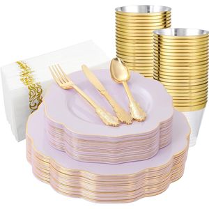 Set di 175 Piatti in Plastica Viola e Posate Dorate Usa e Getta Include 50 Piatti in Plastica Oro Lavanda, 25 Coltelli, 25 Forchette - Product Image 1