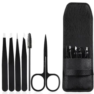 Pince à épiler noire ensemble pince à épiler et ciseaux d'extension de cils avec brosse pinces d'épilation du visage pour femmes et hommes