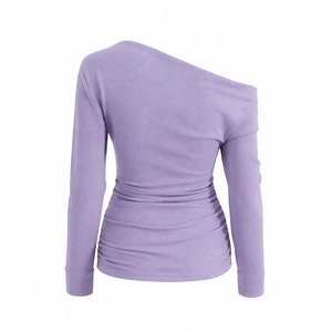 Asymmetric <b>Off</b> <b>Shoulder</b> Ruched Long Sleeve Fleece Top Casual Street wear <b>Sweatshirt</b> Pullover Women Clothing Fashion - Product Image 2