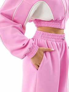 2026 Womens <b>Cropped</b> <b>Zip</b> Hoodie Solid Wide Leg Jogger Set Custom Fleece Two Piece Winter 400g Activewear Wholesale Custom Color - Product Image 3