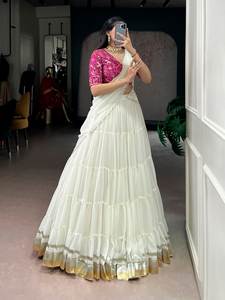 Lehenga rose pour femme, tenue de soirée, avec blouse semi-couturée (blouse non cousue) - Product Image 5