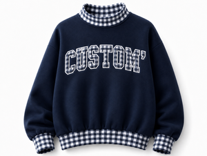Sweat-shirt pour femme en coton tricoté bleu marine avec col montant et bordure à carreaux, imprimé personnalisé, idéal pour l'automne, avec logo sur mesure - Product Image 1