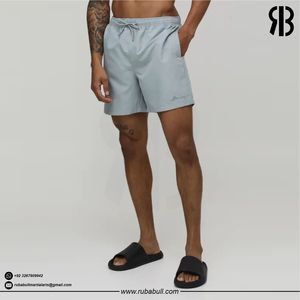 High Quality Men's Light <b>Blue</b> Solid Board Shorts Quick Dry Drawstring Casual Swimwear Short Length Mid Waist Polyester Shorts - Product Image 3