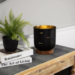 Black Iron <b>Lantern</b> with Gold Accents and <b>Wooden</b> Base for Home Decoration - Product Image 1
