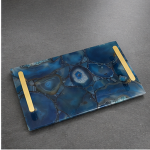 Bandeja Rectangular de Resina con Asas Doradas, Diseño de Ágata Azul, Accesorio Moderno para Mesa de Salón - Product Image 5