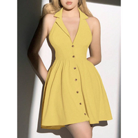 Robe mini vintage à col halter, coupe ajustée et évasée, style rétro, boutonnée, sans manches, à revers crantés, coupe trapèze, idéale pour pique-nique