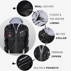 Sweat à capuche en polaire de qualité supérieure, veste bomber en cuir PU pour homme avec motifs brodés et capuche amovible - Product Image 6
