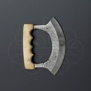 Cuchillo Ulu de Acero de Damasco Hecho a Mano con Mango de Hueso de Vaca y Funda de Cuero - Product Image 6