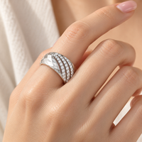 Geometric 925 Sterling Silver Zircon Band Ring with Three Clear Round Stone Rows and a Faceted Metal Side