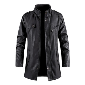 <b>Men's</b> Brown <b>Leather</b> Moto Jacket Stand Collar Zipper Mid to <b>Long</b> Casual Autumn <b>Men's</b> Motorcycle Jacket Zipper PU <b>Leather</b> winter - Product Image 4