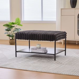 Repose-pieds ottoman en fausse fourrure de 30,7 pouces de large avec pieds en métal noir, étagère de rangement ouverte en bois, tabourets et ottomanes - Product Image 2