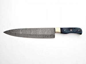 Couteau de chef artisanal en acier Damas avec manche en bois bleu et bolster en laiton pour trancher - Product Image 4