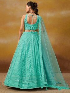 Mint <b>Green</b> Embroidered Lehenga Set Sleeveless Blouse <b>Net</b> Dupatta Banarasi Style Formal Wear - Product Image 2