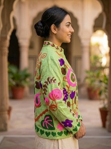 Traditional Light Green Suzani Jacket <b>for</b> <b>Women</b> Handmade TNT Fabric Colorful Floral Embroidered Ethnic Boho Fashion <b>Coat</b> - Product Image 4