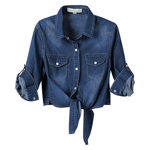 Haut court en jean moderne à manches 3/4 pour femme, chemise à nouer, cardigan élégant, décontracté, léger, tendance, chic, mode estivale - Product Image 1
