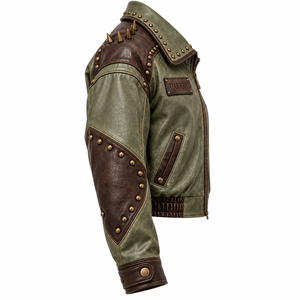 Olive Green Genuine Leather Jacket <b>Womens</b> Gothic Broken Mask Girl Graphic Stud Collar Spiked Bomber <b>Coat</b> Custom Manufacturer - Product Image 3